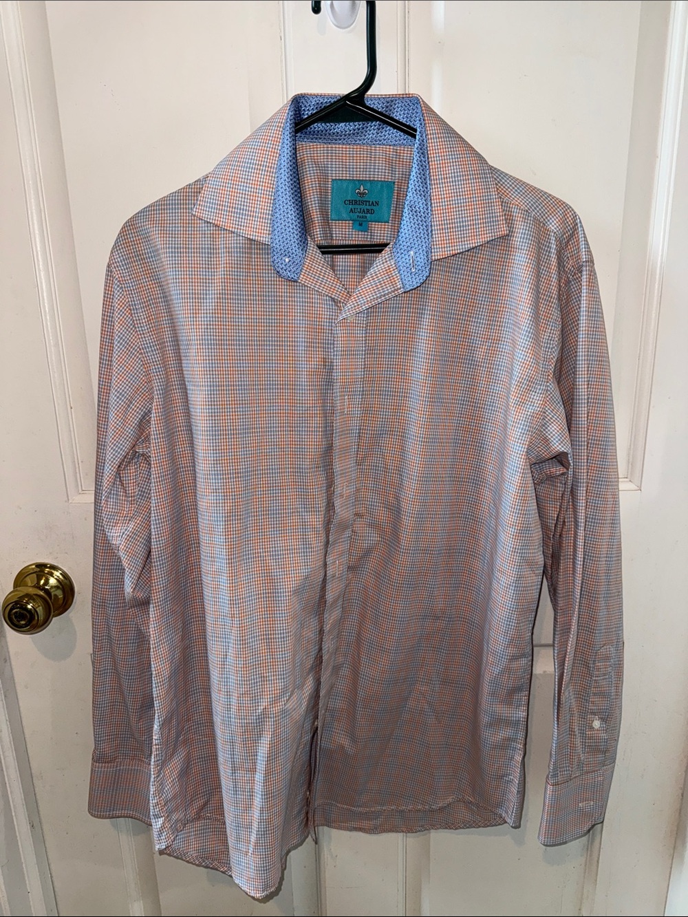 Classic Men's Dress Shirt in Light Blue & Orange Check